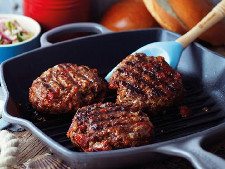 Beef and Chorizo Burgers with Red Onion and Cucumber Pickle