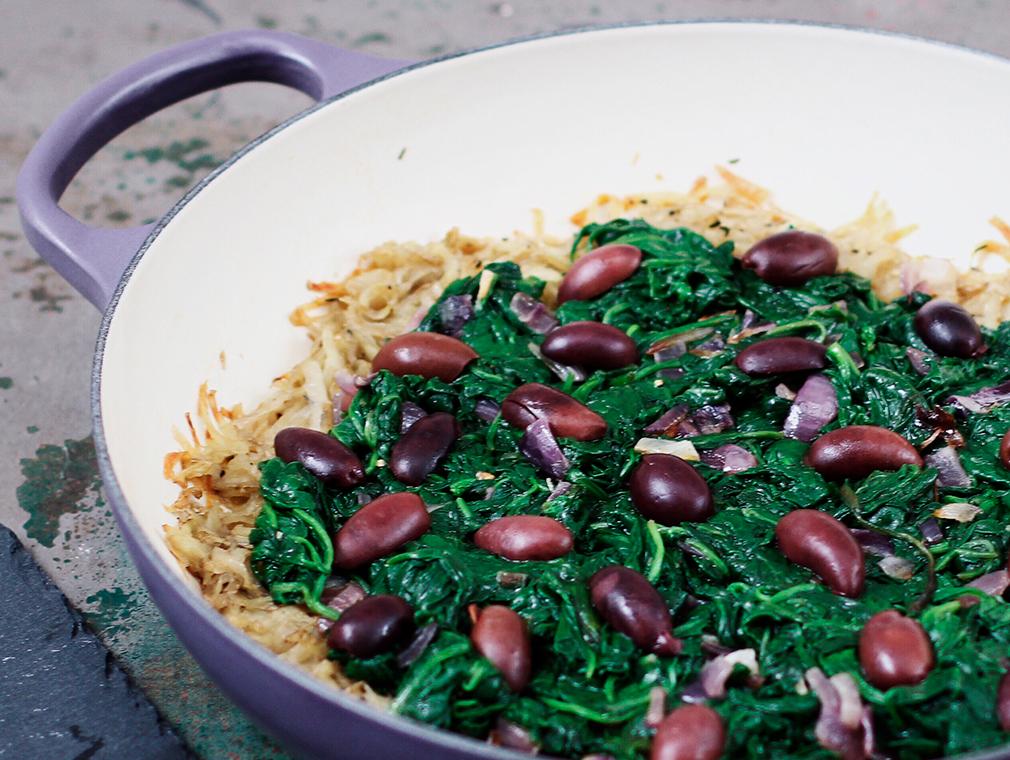 Spinach and Olive Tart with Potato Rosti Crust