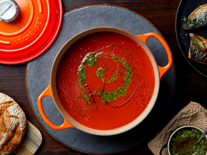 Slow-roast Tomato Soup with Fried Mackerel and Basil Pesto