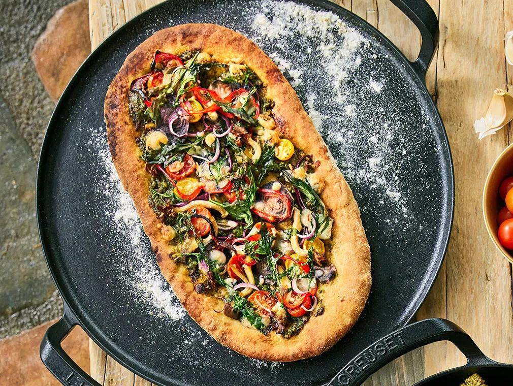 Vegetable Flatbread with Almond Arugula Pesto