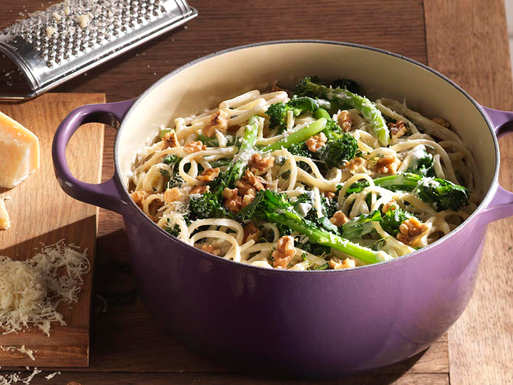 Linguine with Purple Sprouting Broccoli, Gorgonzola and Walnuts